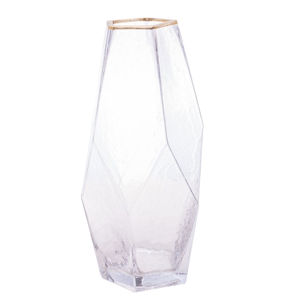 Vaso Decorativo de Vidro Martelado Transparente C/Borda Dourada Taj 28,5x13cm Wolff