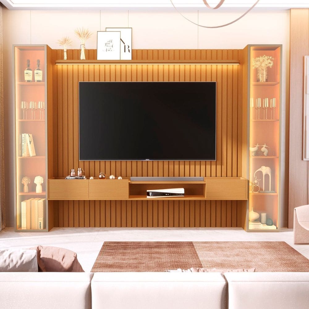 Painel Ripado para Tv 84 Polegadas 100% Mdf com 2 Torre Porta Reflecta Led Vitoria Regia Marrom