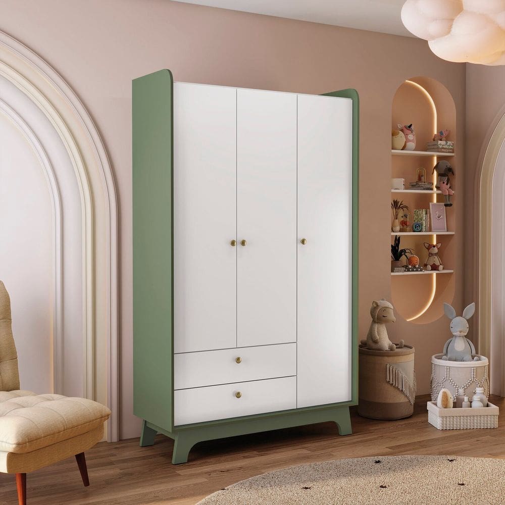 Armário 3 Portas e 2 Gavetas Infantil de Madeira Verde Oliva / Branco