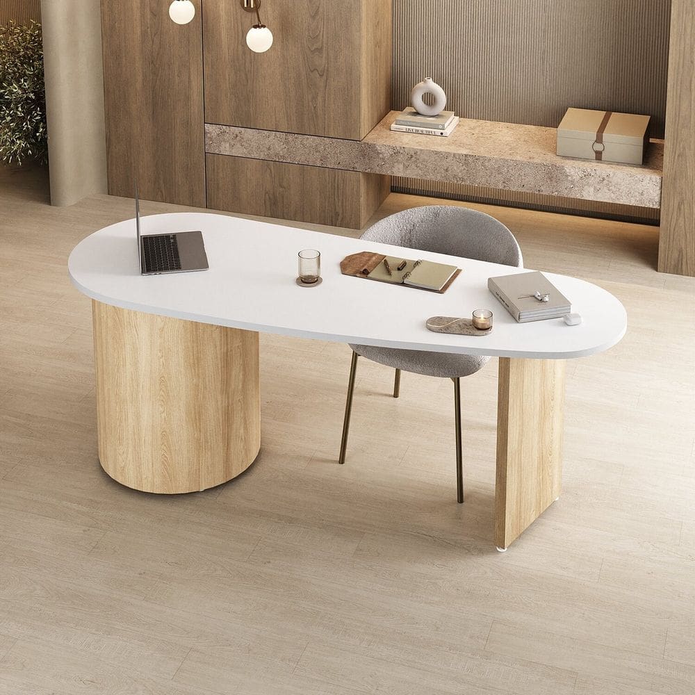 Escrivaninha Mesa Orgânica Curva com 4 Gavetas Escritório e Home Office Refinado Ovale Carvalho / Branco