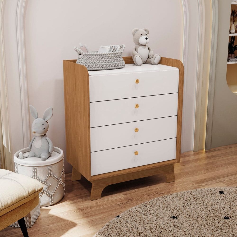 Cômoda Infantil 4 Gavetas de Madeira Canela/Branco
