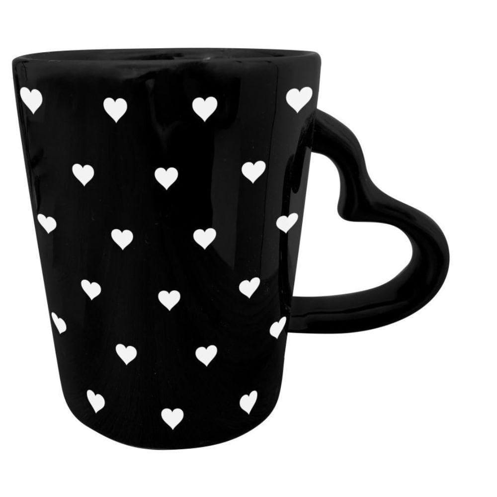 Caneca De Cerâmica 270Ml Preta Alça E Estampa Coração Branco