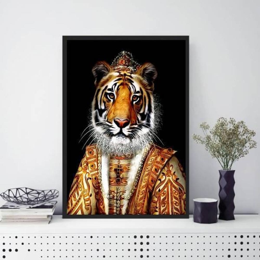 Quadro Decorativo Tigresa Rainha 45X34Cm Vidro Moldura Preta