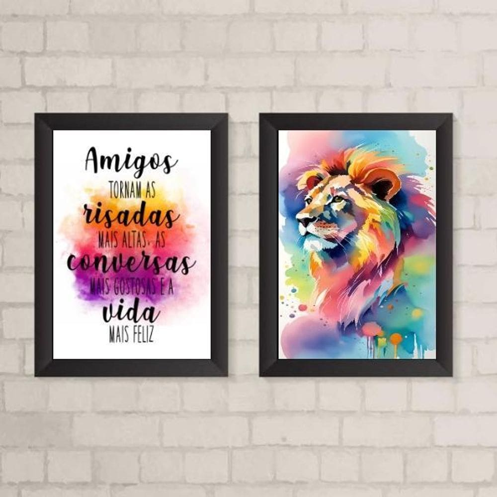 Quadros Leão Amigos 24x18cm - Madeira Preta