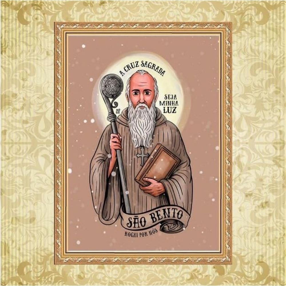 Quadro Moldura Dourada São Bento Cruz Sagrada 33X24Cm