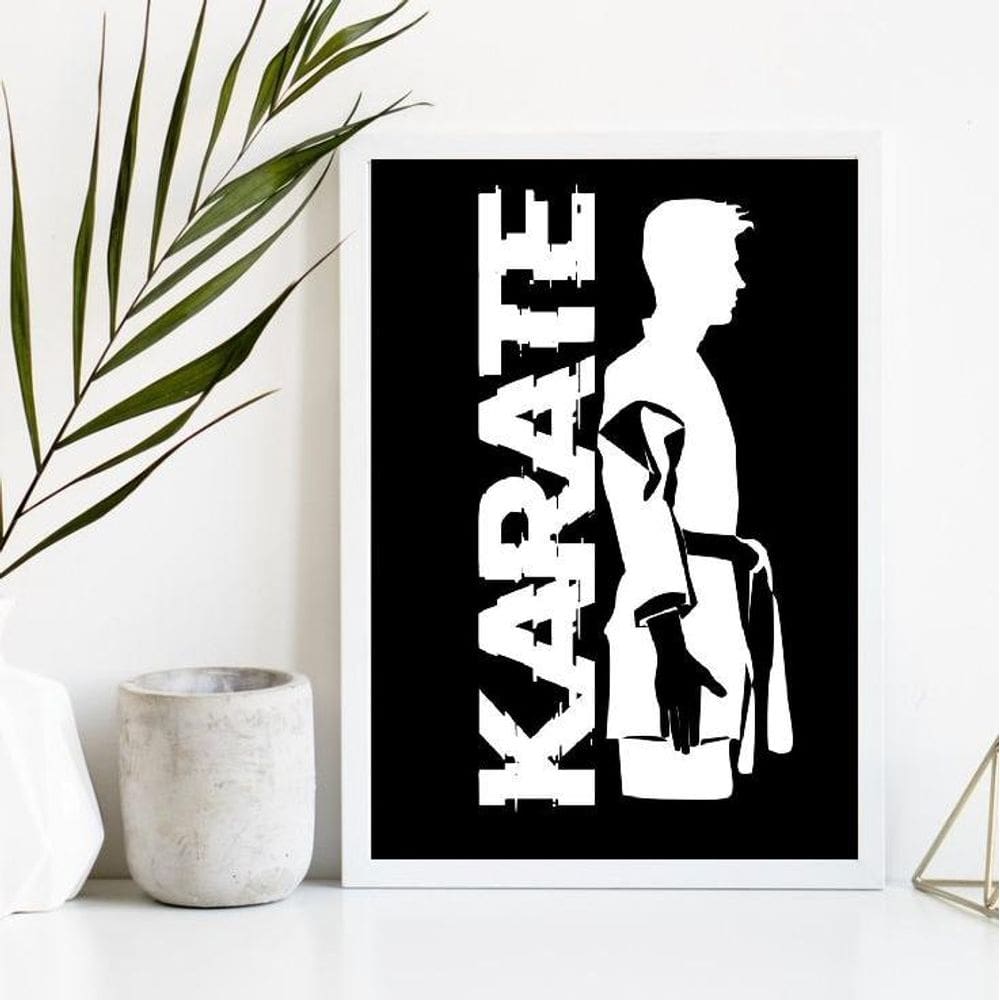 Quadro Karatê Preto/Branco 24x18cm - Moldura Branca