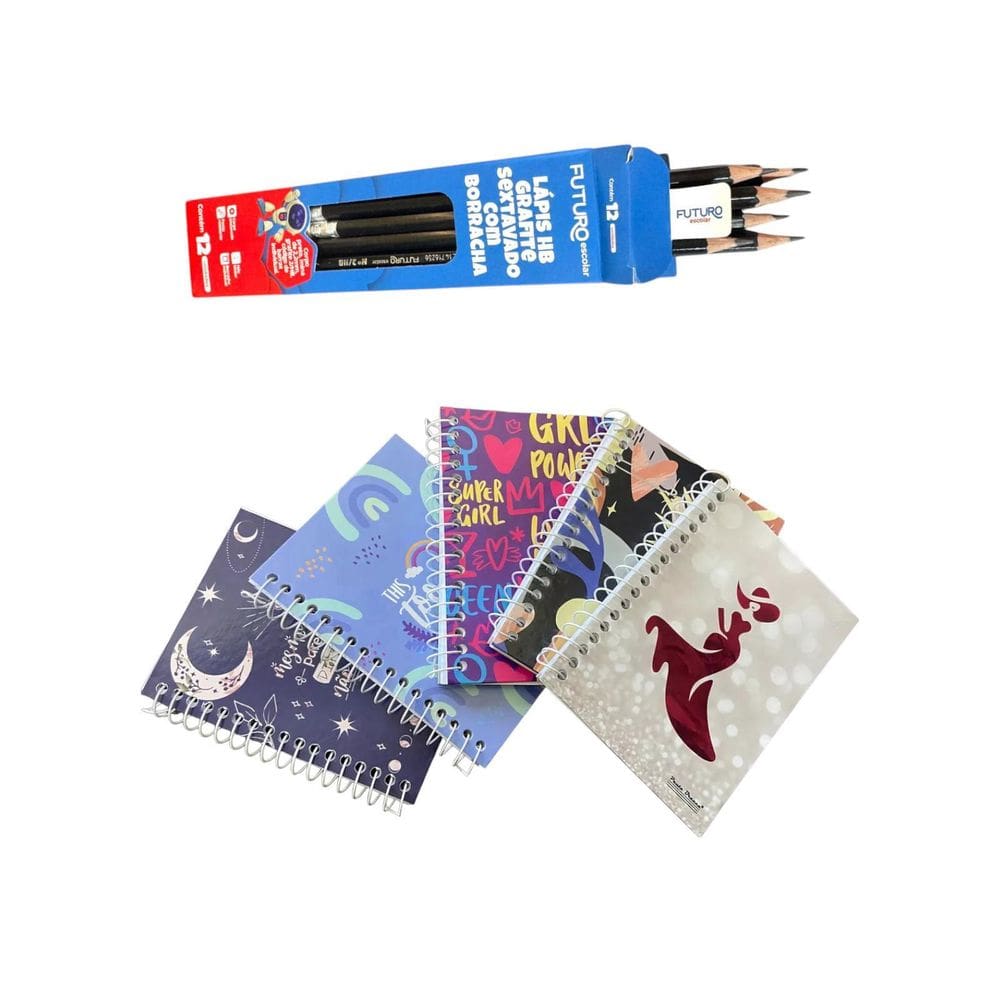 Kit Escolar 36 Lápis Com Borracha + 15 Cadernos 10X14Cm