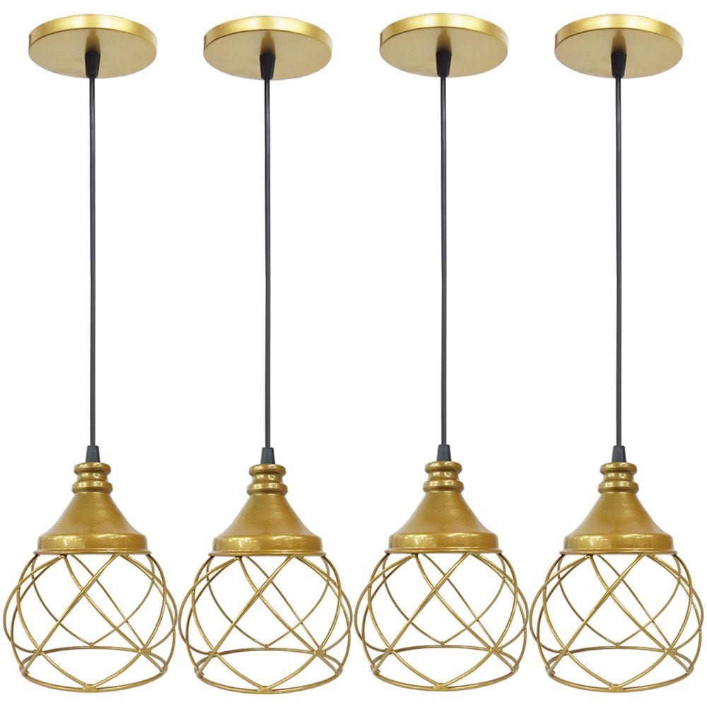 4 Pendente Aramado E s f e r a B a l o n ê Dourado Lustre Luminária Teto Regulável Sala Cozinha Industrial Agp
