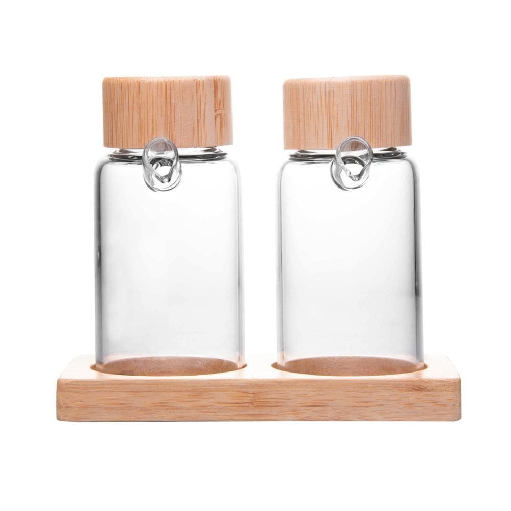 Jg 2 Galheteiros com Tampa e Suporte de Bambu 170ml