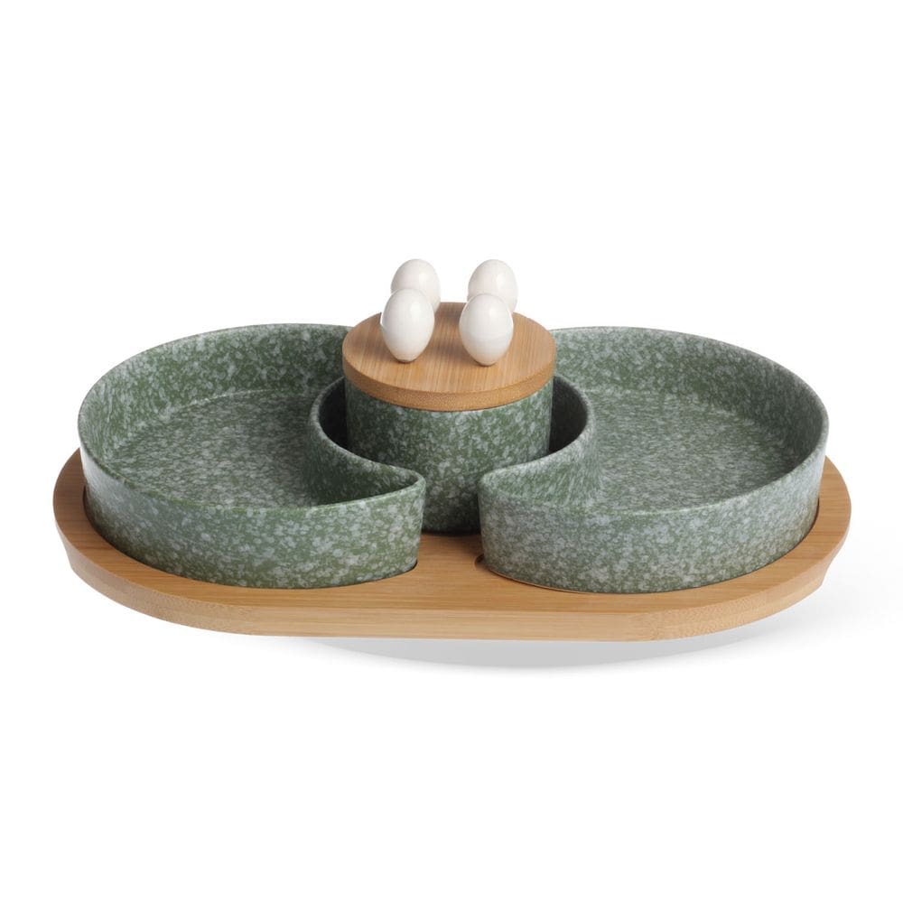 Conjunto 2 Petisqueiras com Pegadores em Porcelana Verde Estilo Granito com Tábua em Bambu LH0080 BTC