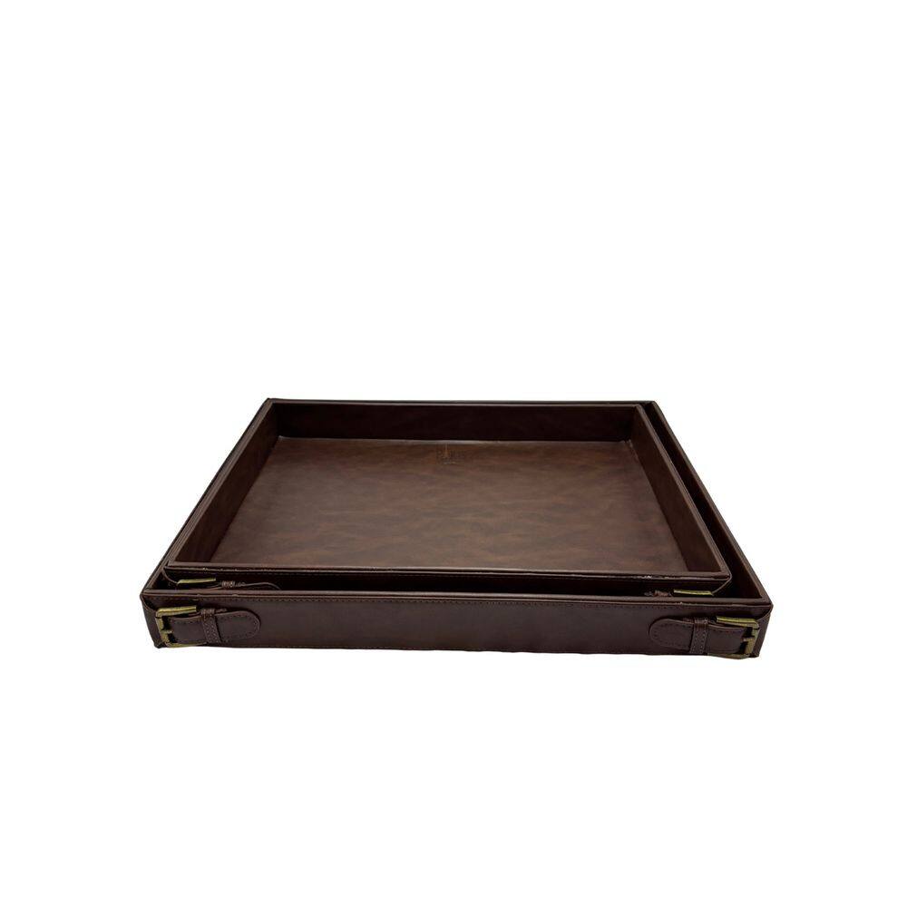 Conjunto 2 Bandejas Decorativas em Couro Sintético Marrom AL0068 BTC