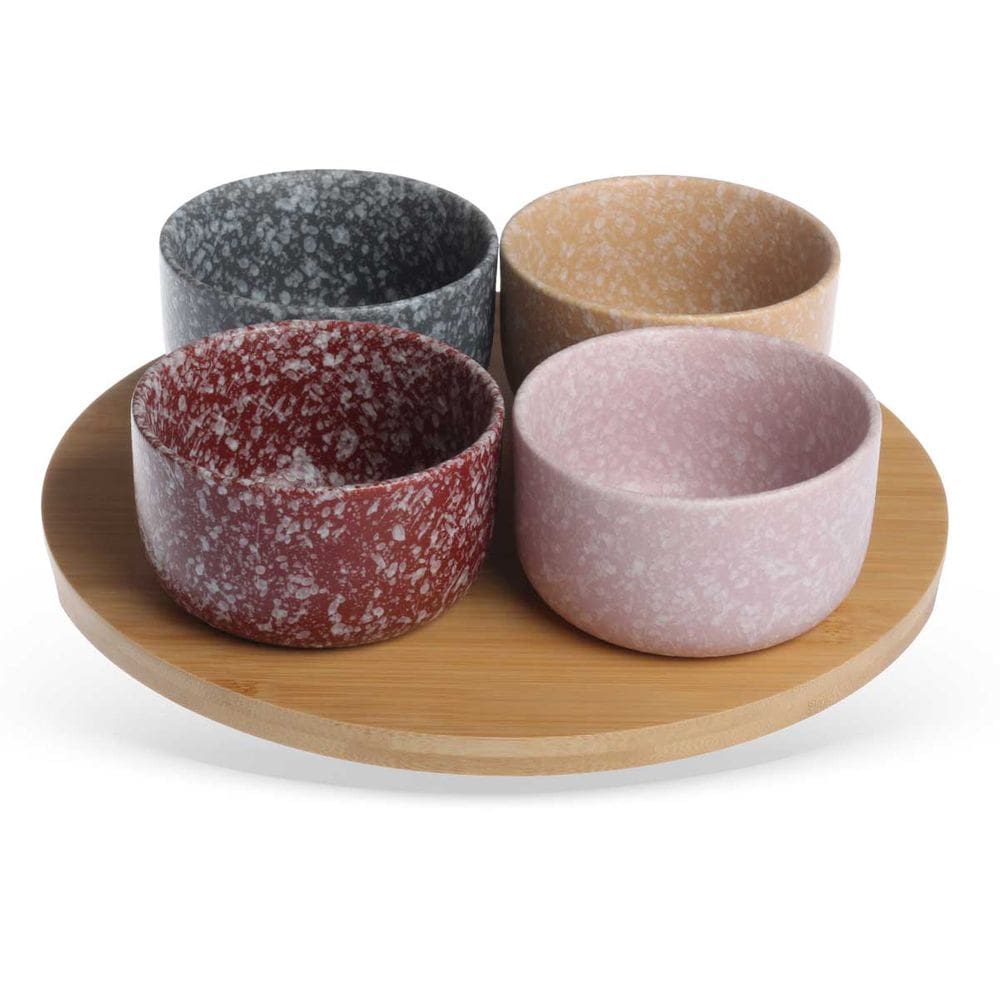 Conjunto 4 Petisqueiras Bowls em Porcelana Estilo Granito com Tábua de Bambu LH0077 BTC