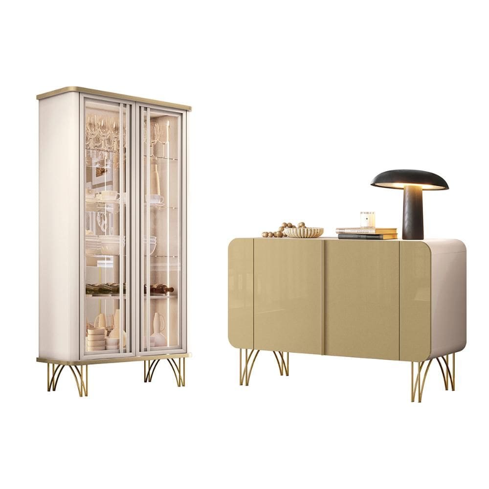 Kit Aparador Buffet Benvenuto e Cristaleira Evora Pés de Aço