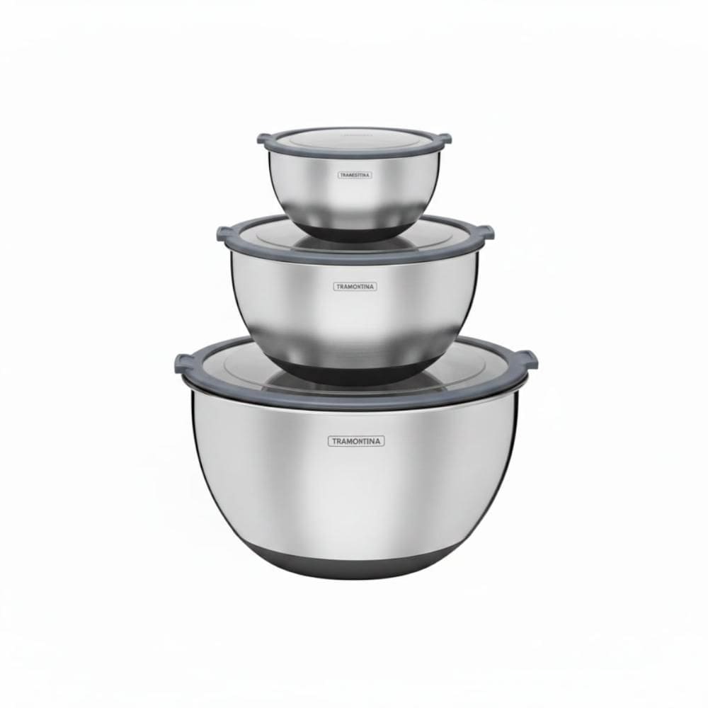 Conjunto de 3 Bowls Tramontina Cucina em Aço Inox com Tampa