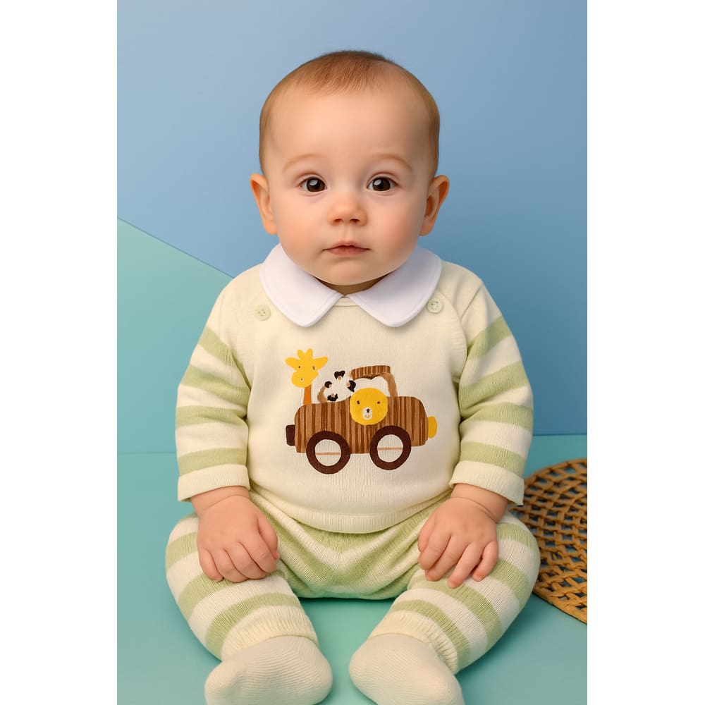 Saída Maternidade Safari Casaco Manta Salopete tricô artesanal