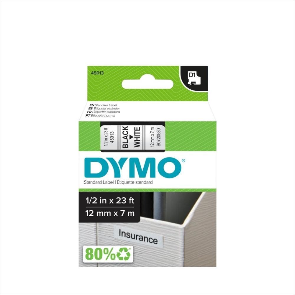 Fita Poliéster D1 Dymo 12mm x 7m Rotulador Label Manager e RHINOPRO Preto/Branco 45013