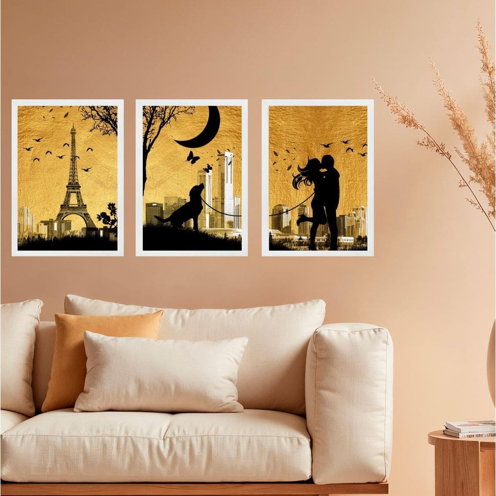 Kit 3 Quadros Decorativos Casal Cachorro Paris 24X18Cm