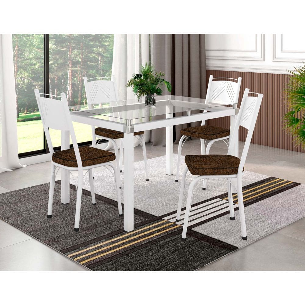 Conjunto Mesa de Jantar Tubular Malva Tampo de Vidro Incolor 1,07m  Com 4 Cadeiras 151 Branco/Imbuia - Combo Stock