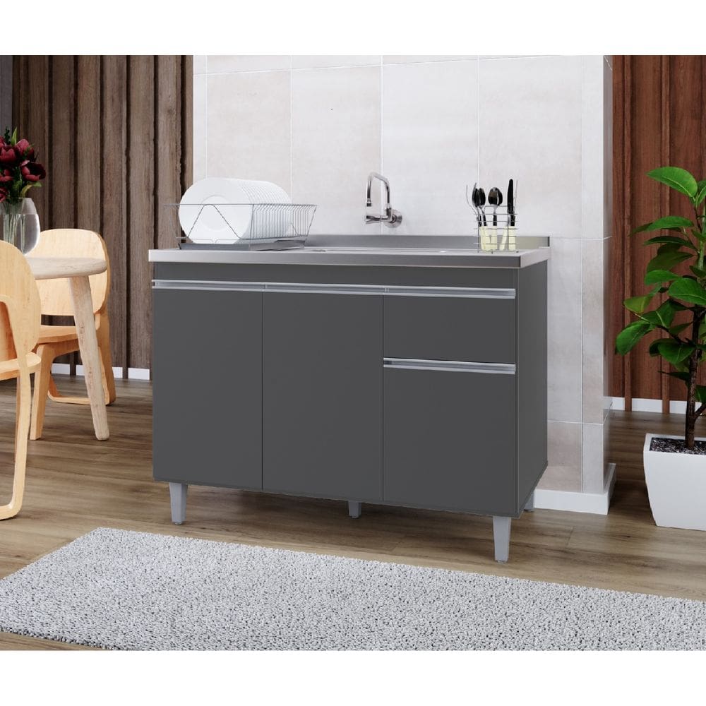 Balcão P/ Pia de Inox 120cm Cinza 3 Portas 1 Gaveta S/ Tampo - Pop