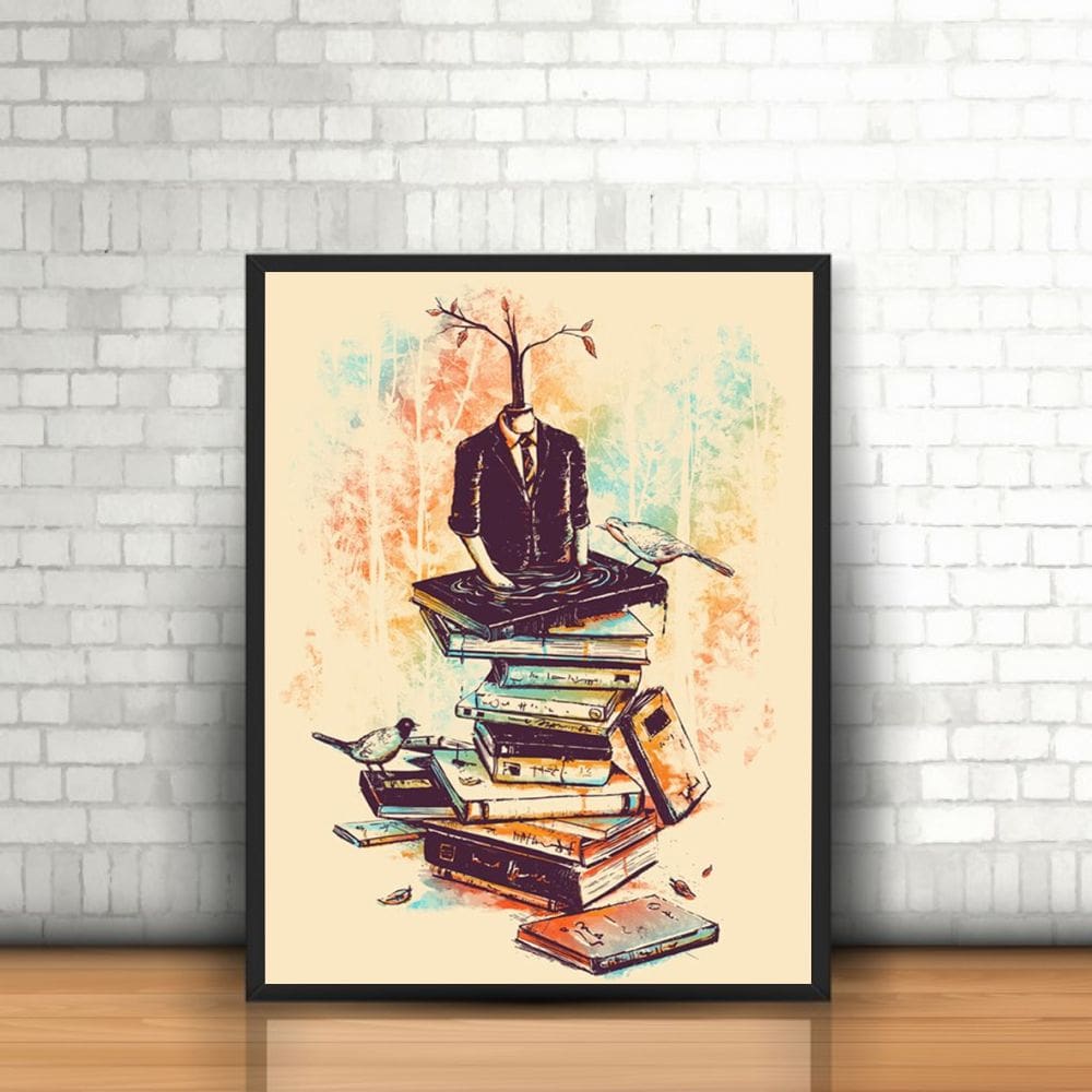 Quadro com Moldura Tumblr Homem de Terno Árvore Livros Aves