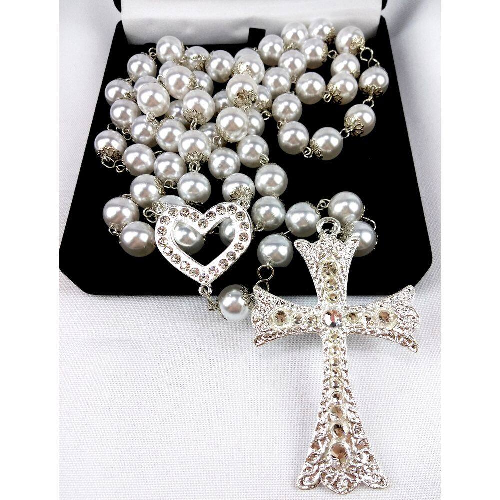 Terço De Noiva Banho De Prata Perolas Brancas Coração