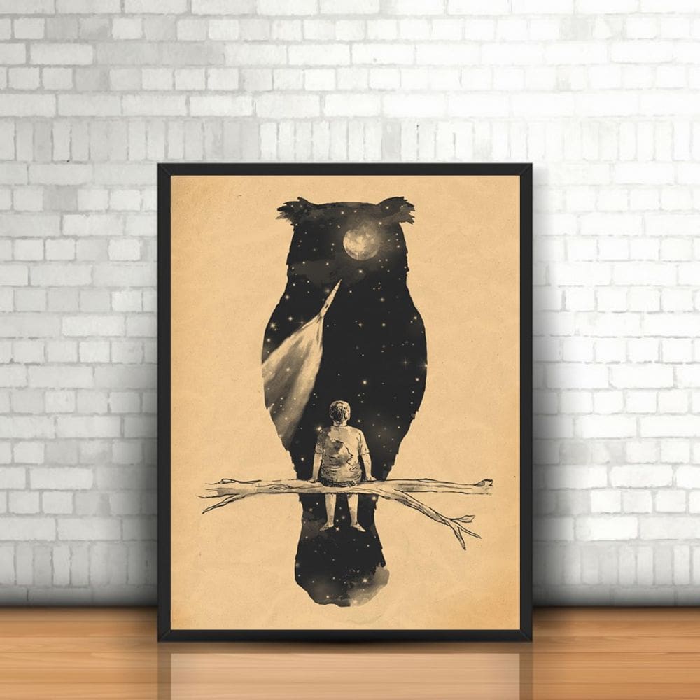 Quadro com Moldura  Tumblr Criança e Coruja Noite Estrelada