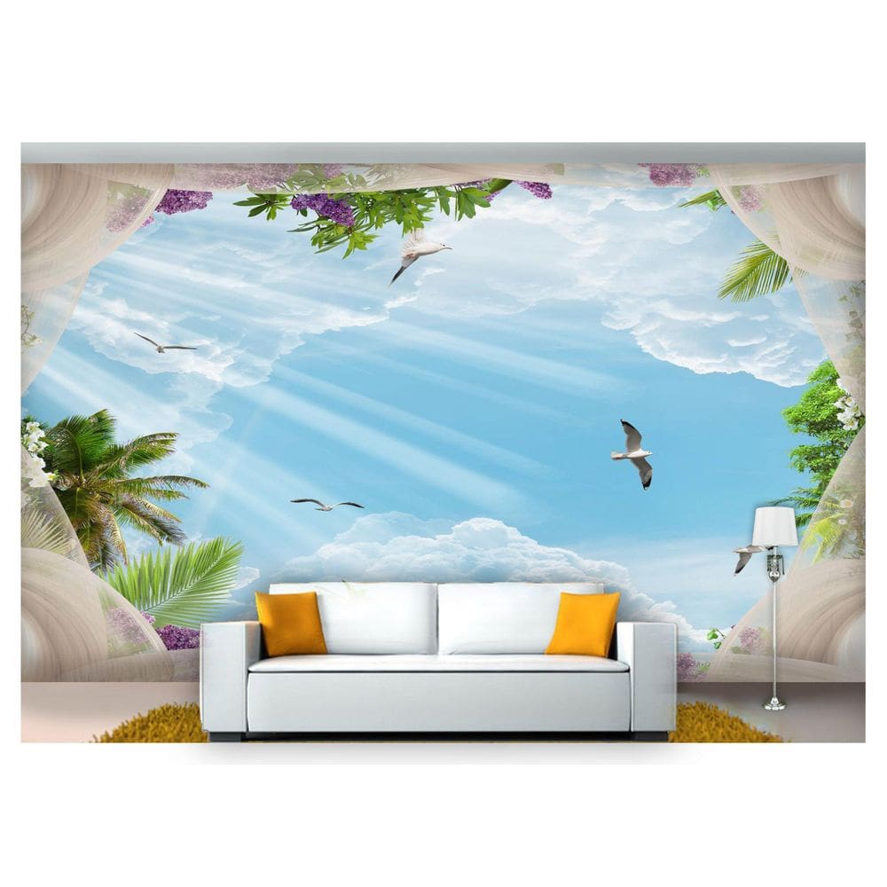 Papel De Parede Paisagem Digital Céu Pássaros Dah19