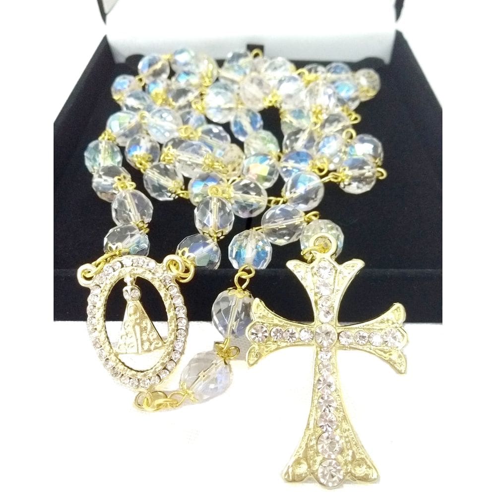 Terço De Noiva Cristal Boreal Tcheco Dourado Tamanho Medio