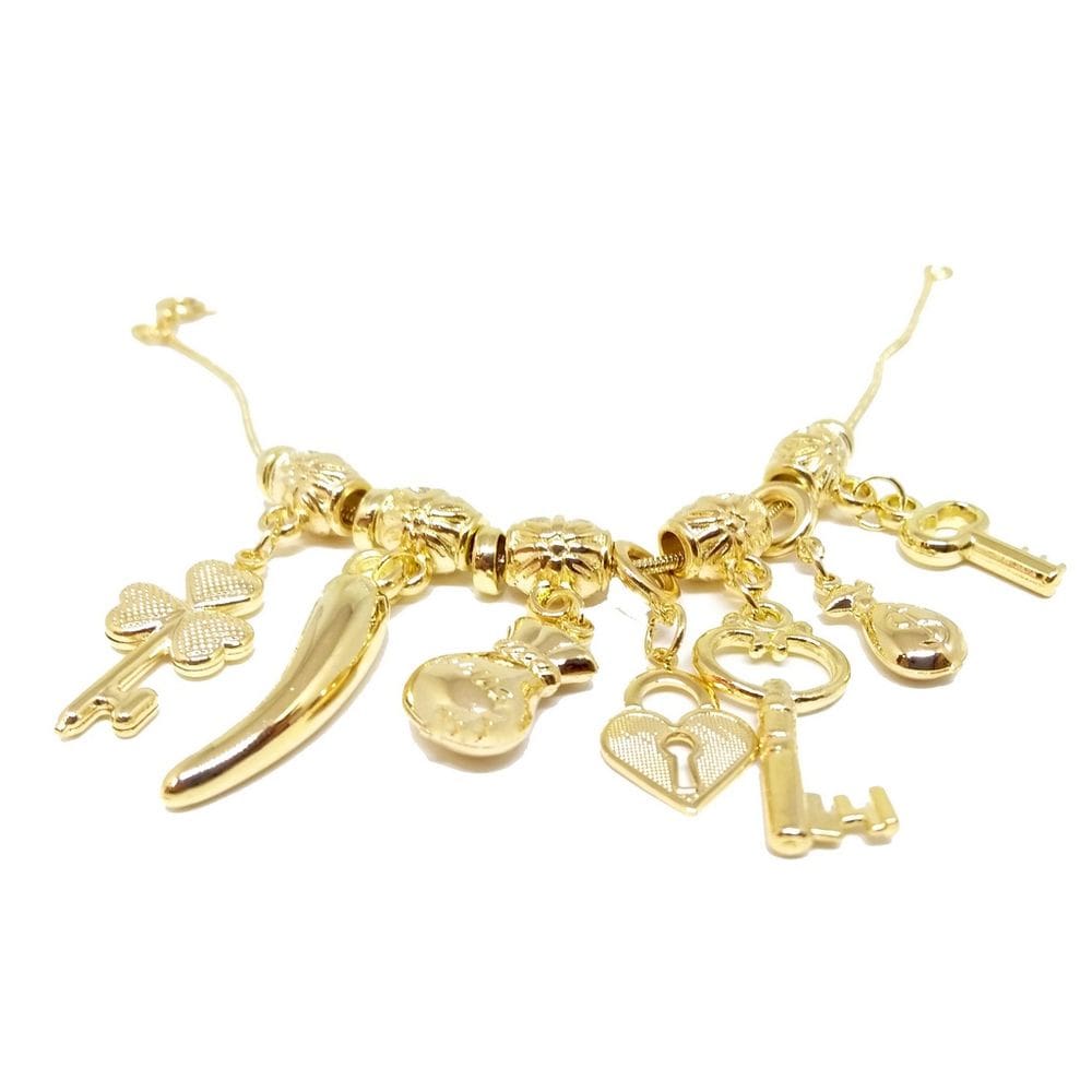 Pulseira folheada a ouro 18k com berloques tema sorte