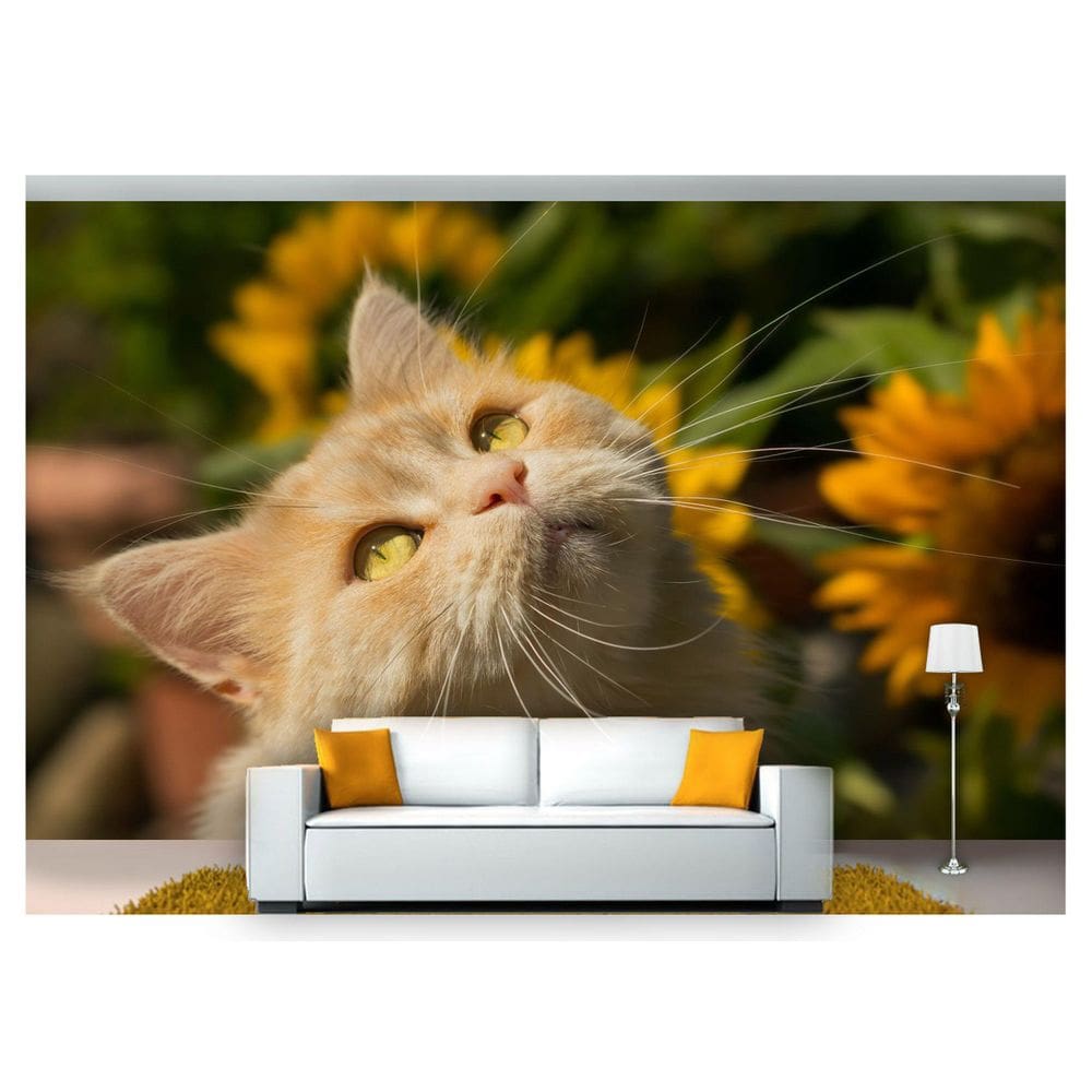 Papel De Parede Animais 3DGato Jardim Flores Anm136