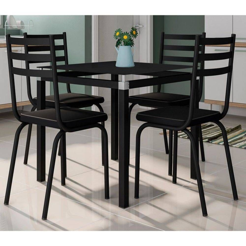 Conjunto Mesa de Jantar Tubular com 4 Cadeiras Malva Tampo Vidro Quadrado 75cm 118 SF Preto  - Combo Stock