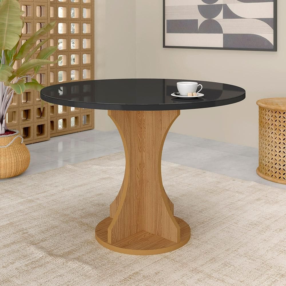 Mesa Avulsa 1,10m Redonda Dacar Com Tampo De Vidro Cinamomo/pto - M.a