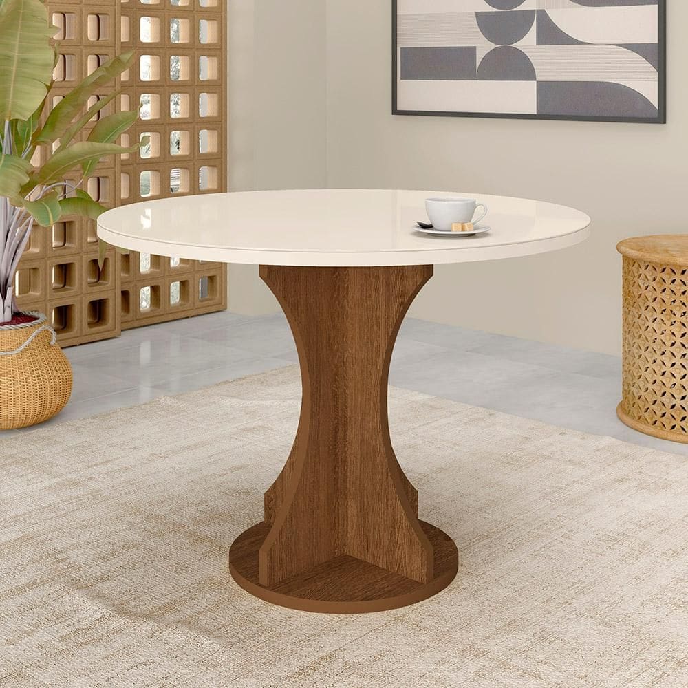 Mesa Avulsa 1,10m Redonda Dacar Com Tampo De Vidro Freijó/off - M.a