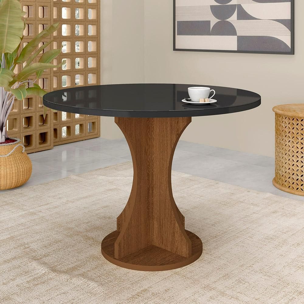 Mesa Avulsa 1,10m Redonda Dacar Com Tampo De Vidro Freijó/preto - M.a