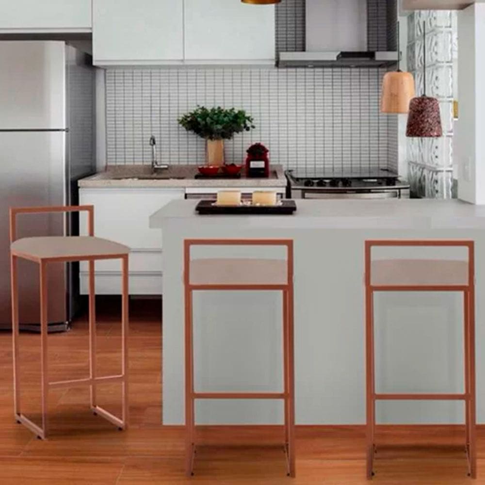 Banqueta Industrial Premium Dori em Aço para Bar Cozinha Bistrô Bancada Assento Suede - Cobre/bege