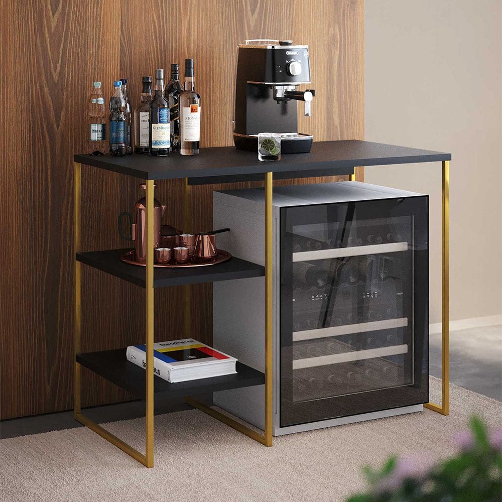 Aparador Adega Industrial Bourbon 95cm Bar Barzinho em Aço para Sala e Gourmet - Dourado/preto