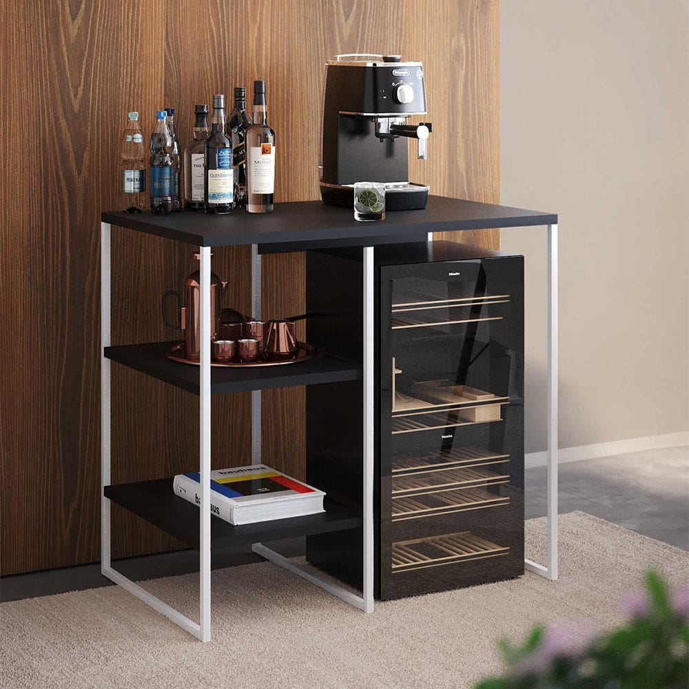 Aparador Bar Adega Bourbon 80cm Industrial em Aço com Prateleiras para Cozinha e Bar - Branco/preto
