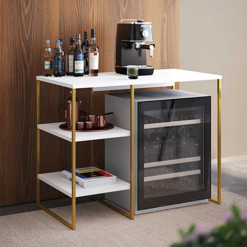 Aparador Bar Adega Bourbon 95cm Industrial em Aço para Home Bar Sala e Gourmet - Dourado/branco