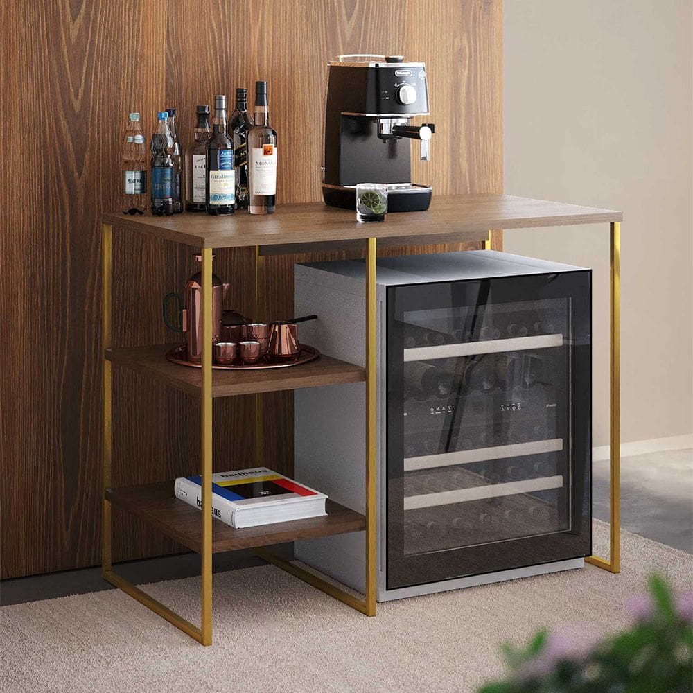 Aparador Adega Bar Bourbon 95cm Industrial em Aço para Sala Home Bar e Gourmet - Dourado/carvalho