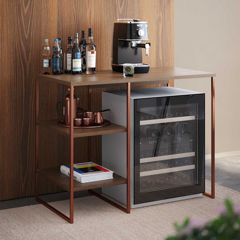 Aparador Adega Bourbon 95cm Bar Industrial em Aço Prateleiras para Área Gourmet - Cobre/carvalho