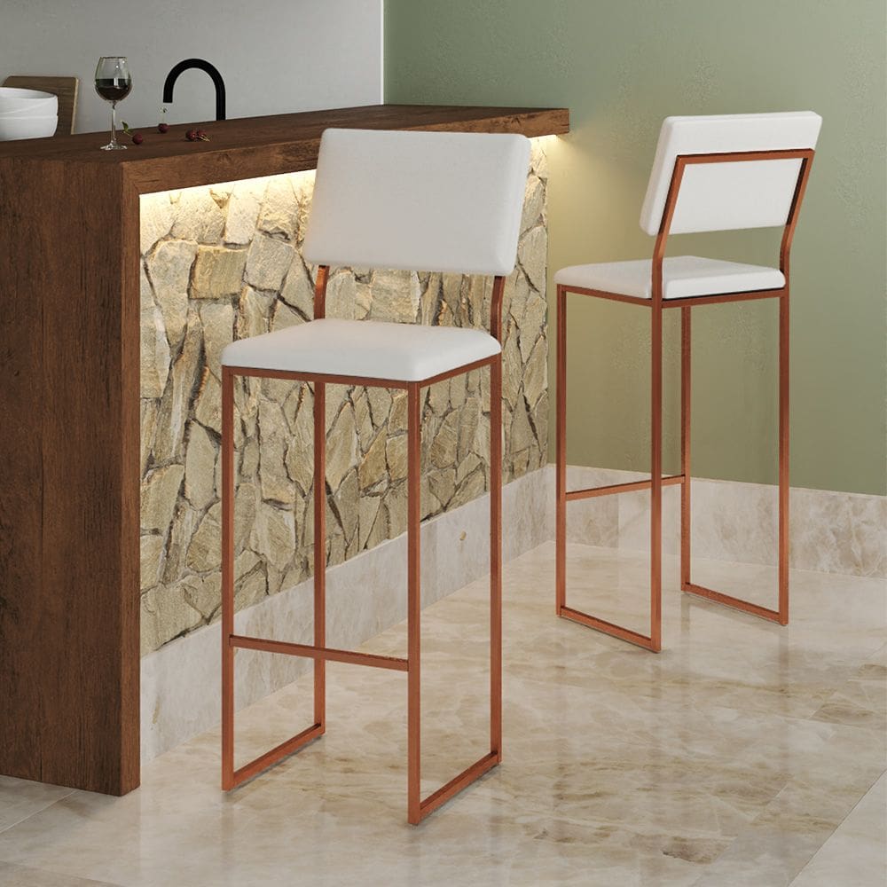 Banqueta com Encosto Nina Alta Industrial para Bar Cozinha Bancada Assento em Corino - Cobre/branco