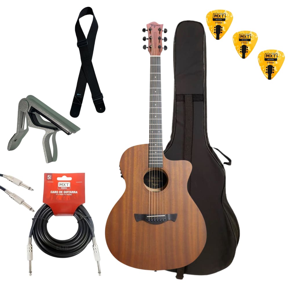 Kit Violão Eletroacústico Tagima Dallas Mahogany GRAN RESERVA Com Capa + Correia Cabo P10/P10 Capotraste