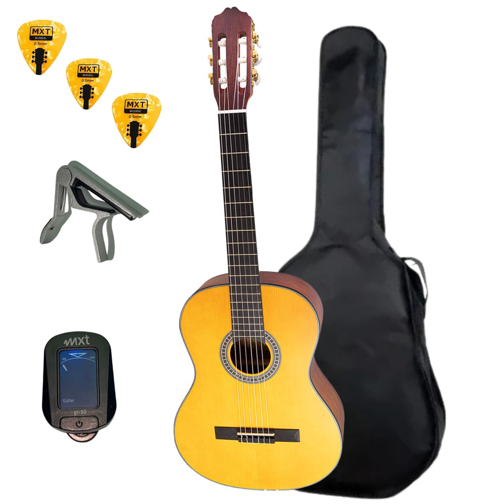 Kit Violão Acústico Mxt 38C NT Nylon Cutwayy C/Capa + Afinador Capotraste e Palheta Cor:Natural