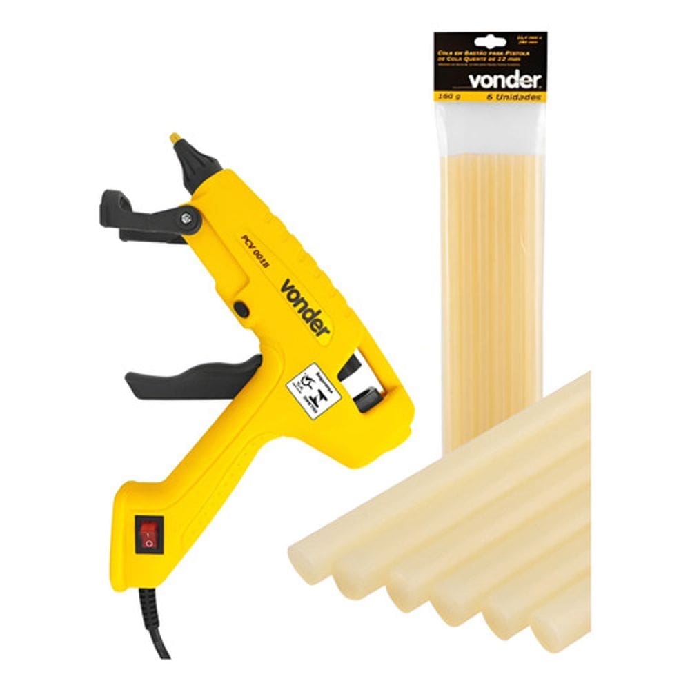 Aplicador de Cola Quente Vonder PCV 0018 100w amarelo +6 bastões de cola artesanato escola casa trabalho