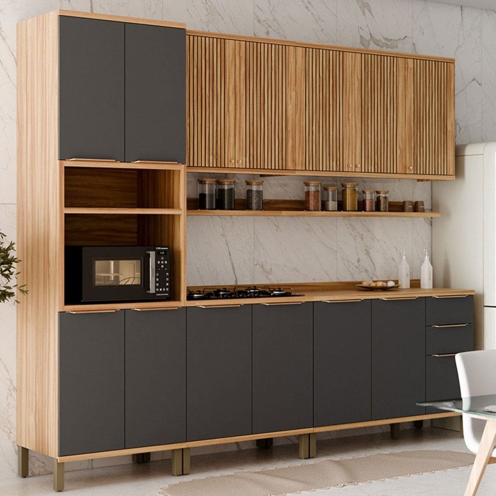 Armário de Cozinha com Balcão e Tampo 13 Portas 3 Gavetas Nice Fresado com Prateleira 100% Mdf Amêndoa/Cinza - Pnr Móveis