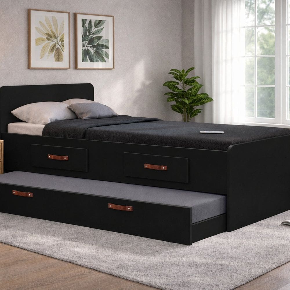 Cama Solteiro com Cama Auxiliar e Gavetas Cindy Preto