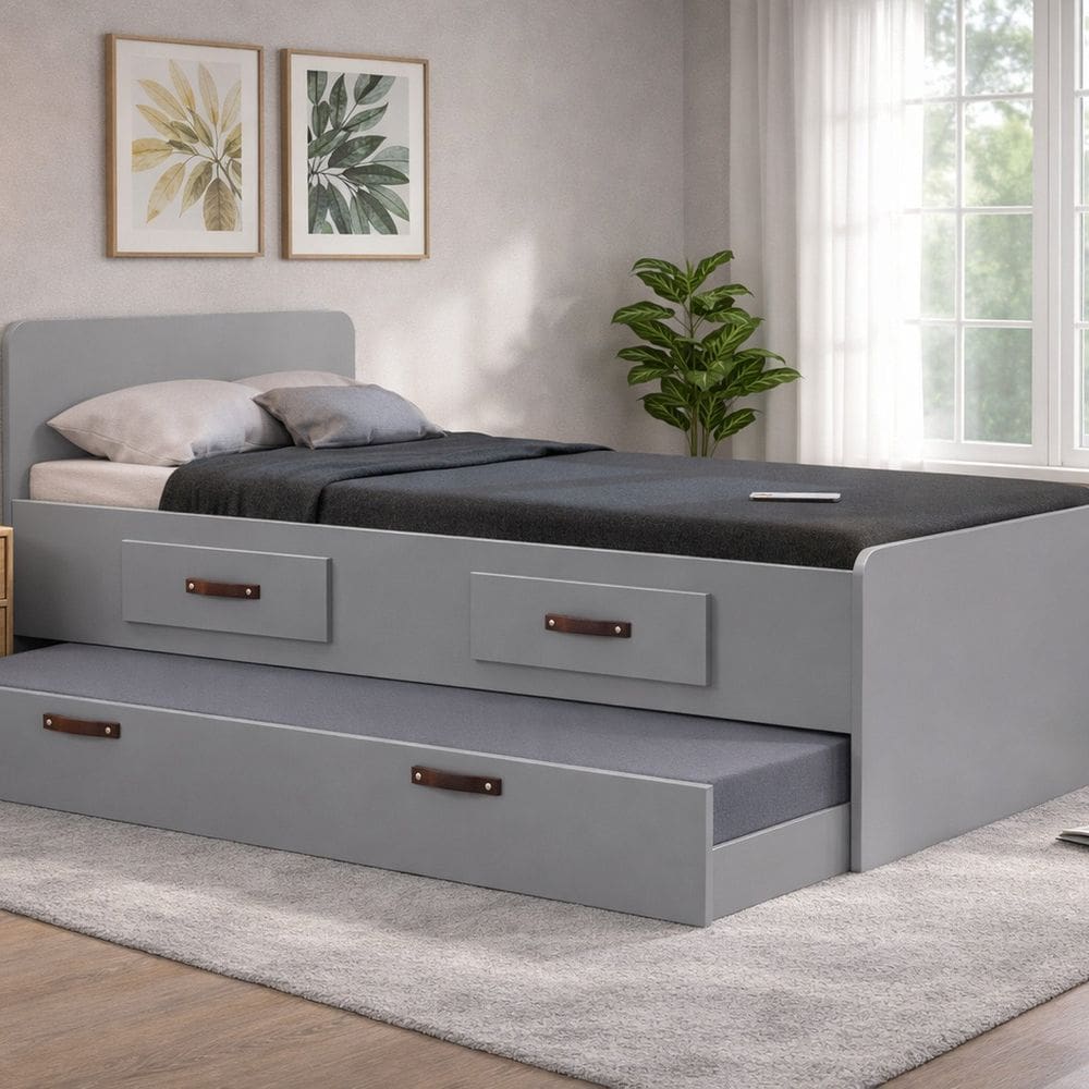 Cama Solteiro com Cama Auxilia e Gavetas Cindy Cinza