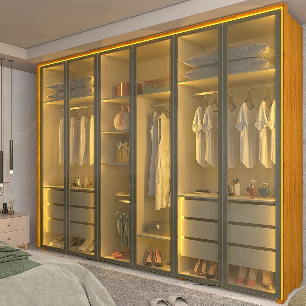 Guarda-roupa Casal 6 Portas Reflecta com Led e Pés 100% Mdf Lumina Naturale