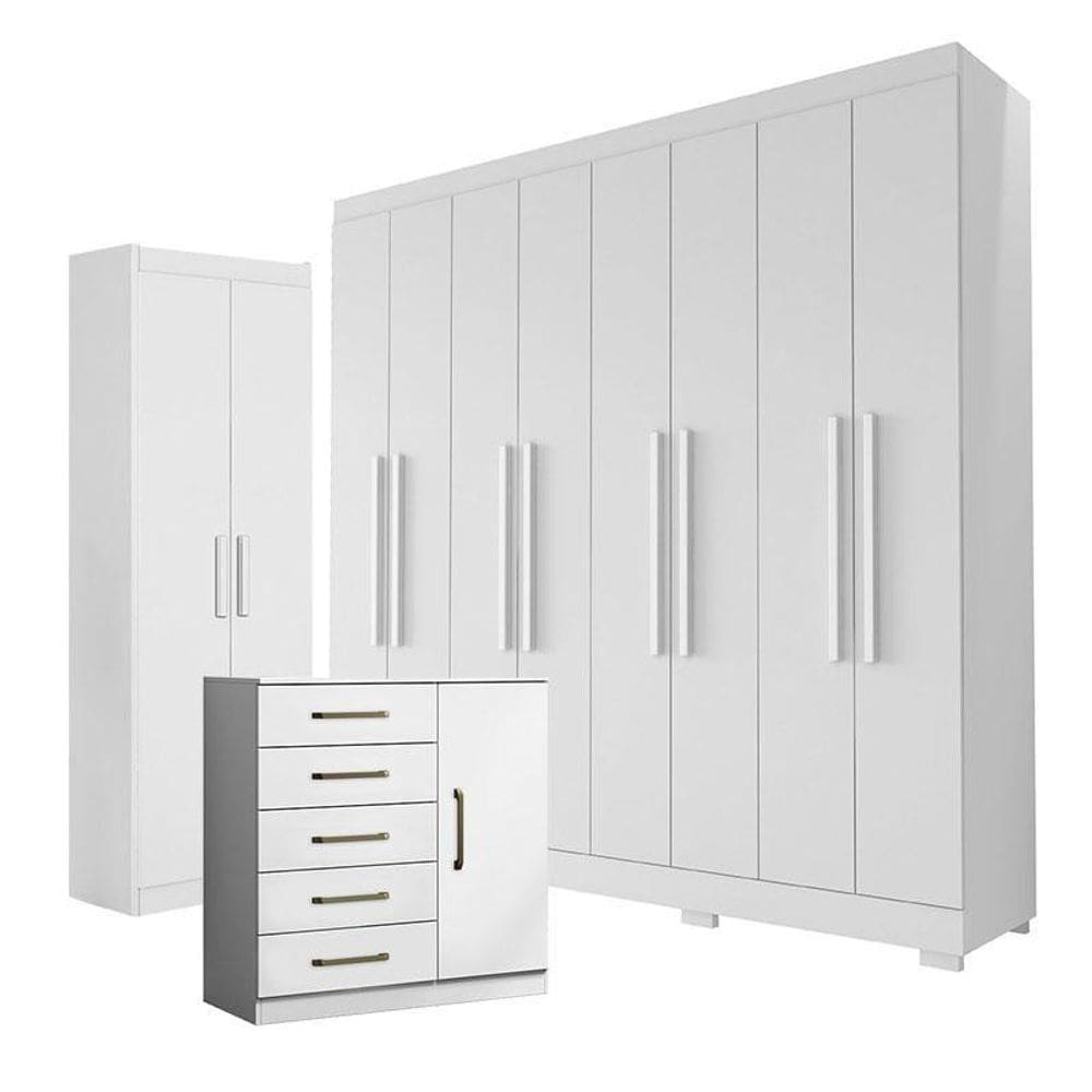 Guarda Roupa Casal Porto 8 Portas 4 Gavetas com Cômoda Sapateira Milão e Armário Multiuso 2 Portas 2000191 Branco Tx - Aramóveis