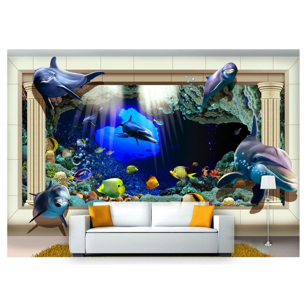 Papel De Parede Vida Marinha Golfinhos Mar 3D Fm84